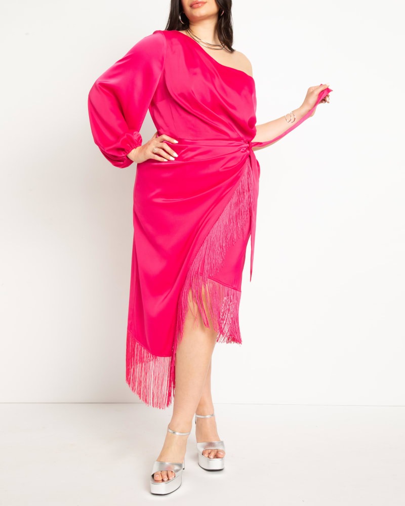 Front of a model wearing a size 28 One Shoulder Fringe Dress in Pink Peacock by ELOQUII. | dia_product_style_image_id:290157